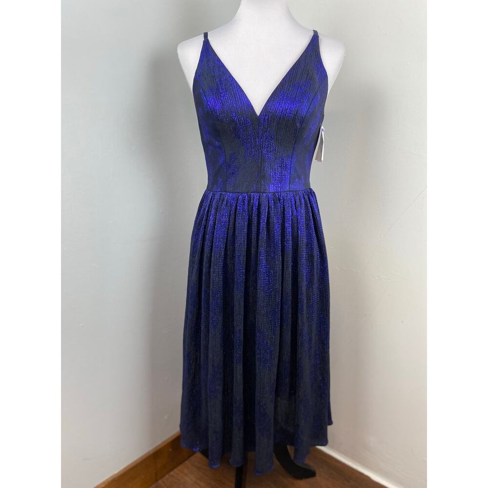 Dress the Population Metallic Blue Haley Fit & Flare Cocktail Midi Dress Medium